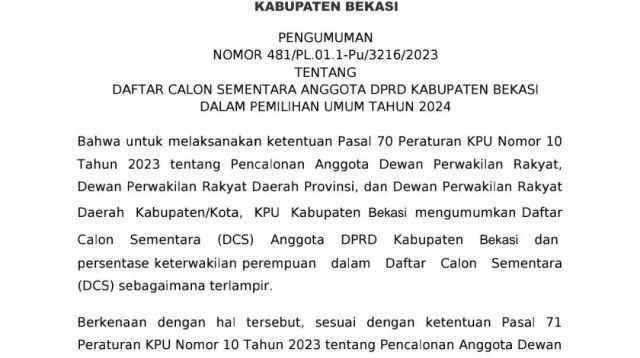 KPUD Kabupaten Bekasi Umumkan DCS 2024