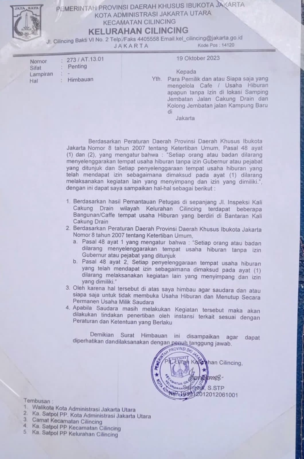 Lurah Cilincing Terbitkan Surat Himbauan