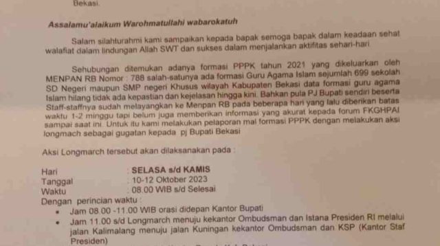 Forum Komuniaksi Guru Honor Agama Islam   Akan Aksi Longmarch dan Laporkan Pemkab Bekasi Dugaan Maladministrasi P3K ke Ombudsman