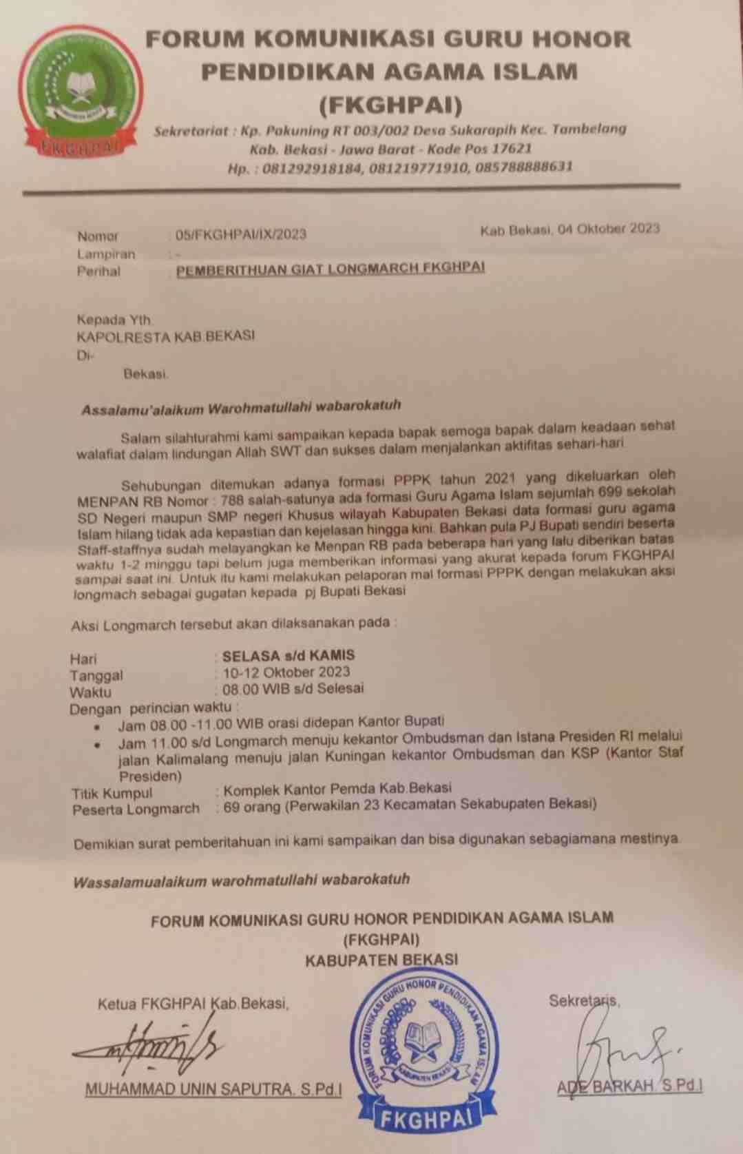 Forum Komuniaksi Guru Honor Agama Islam   Akan Aksi Longmarch dan Laporkan Pemkab Bekasi Dugaan Maladministrasi P3K ke Ombudsman