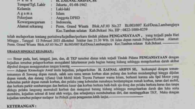 Kasus Pemukulan Terhadap H. Zaenal Arifin SE, Anggota DPRD Kabupaten Bekasi Mandek?