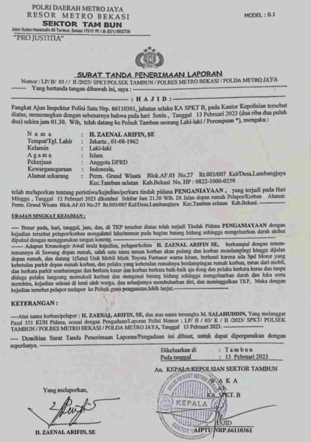 Kasus Pemukulan Terhadap H. Zaenal Arifin SE, Anggota DPRD Kabupaten Bekasi Mandek?