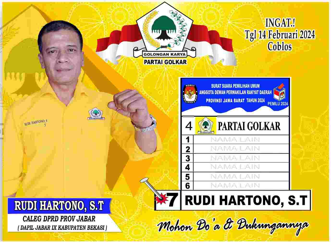 Rudi Hartono S.T  Maju Nyaleg Siap  Memperjuangkan Kemajuan Masyarakat  Melalui Legislatif DPRD Provinsi Jawabarat