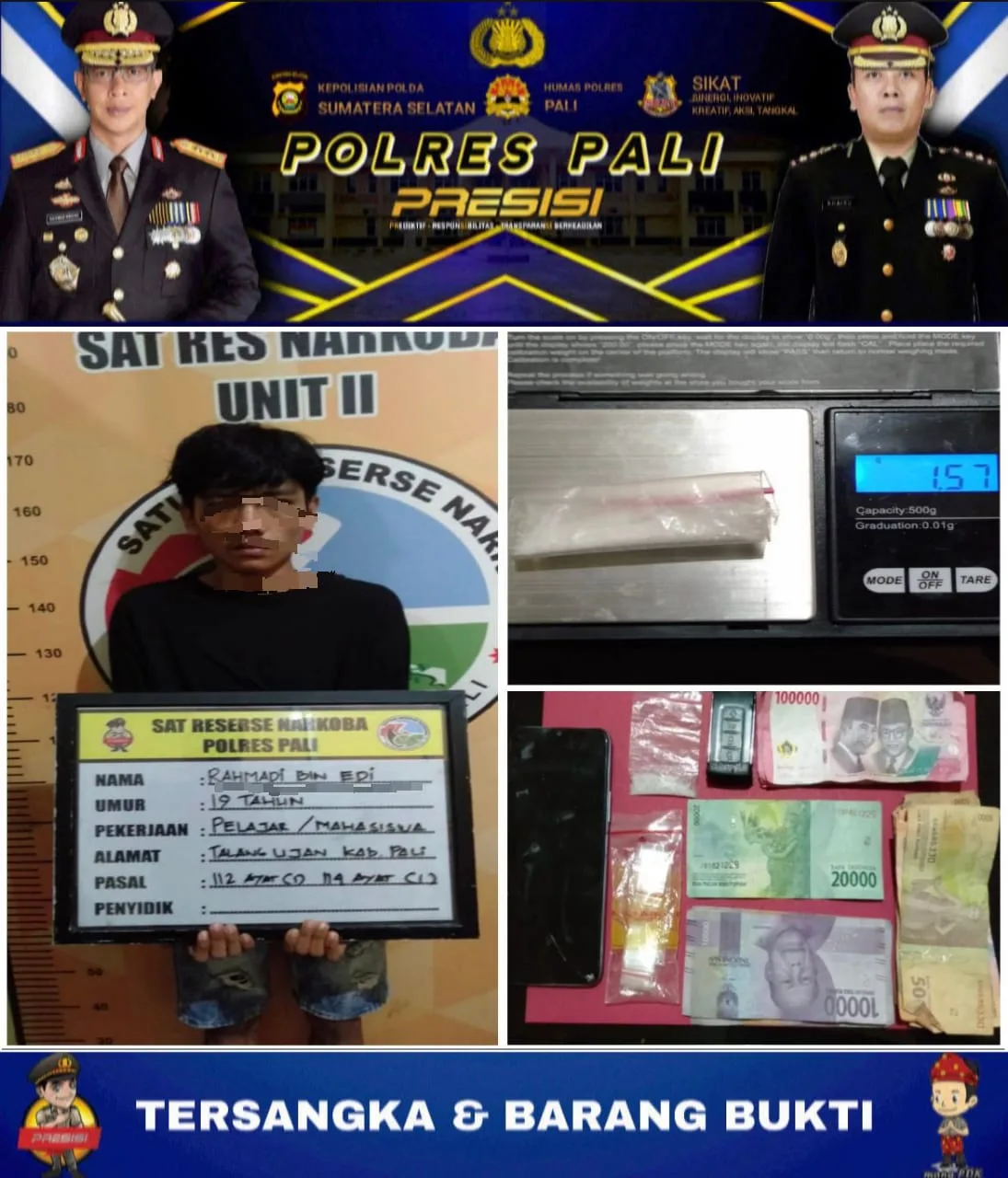Satuan Reserse Narkoba Polres PALI Berhasil Mengamankan 1,57 Gram Diduga Narkotika Jenis Sabu-Sabu