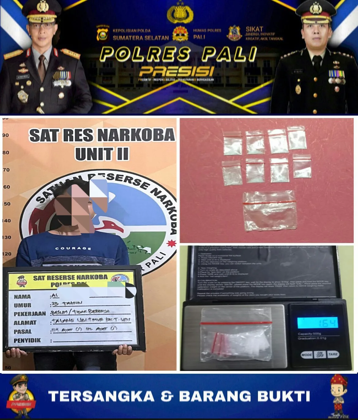 Satuan Reserse Narkoba Polres PALI Polda Sumsel Mengamankan Seorang Diduga Pelaku Pengedar Narkotika Jenis Sabu-Sabu Berinisial AMM (23) Tahun