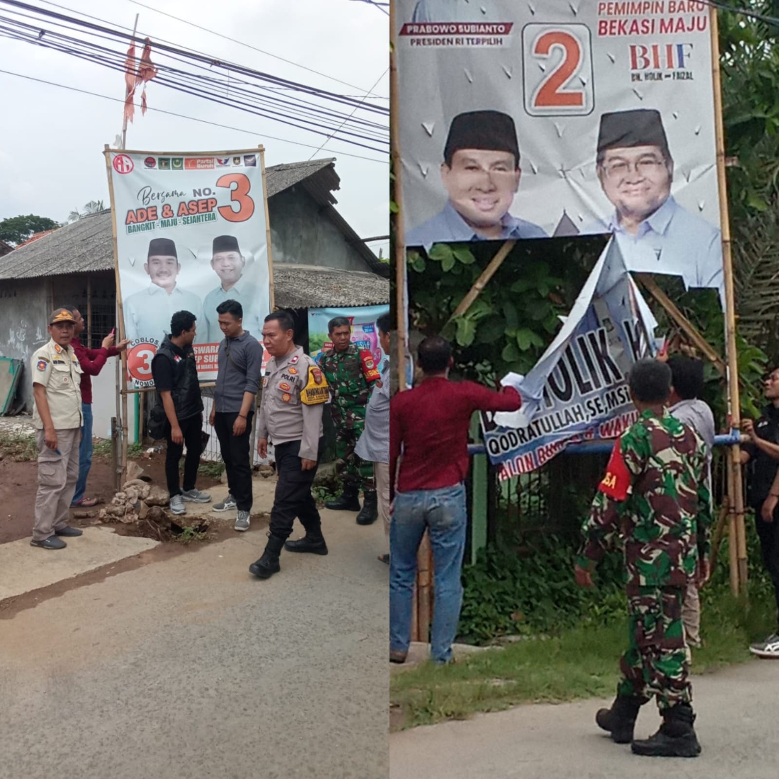 PPK, Panwascam dan Pol PP Kecamatan Karangbahagia Bersihkan APK di Masa Tenang 