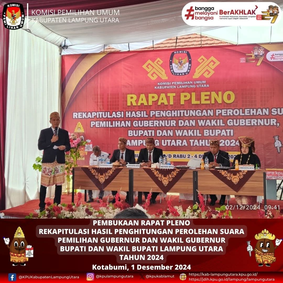 Ketua KPU Kabupaten Lampung Utara, Anthon Ferdiansyah, menyampaikan apresiasi atas kelancaran penyelenggaraanya Pilkada 2024.