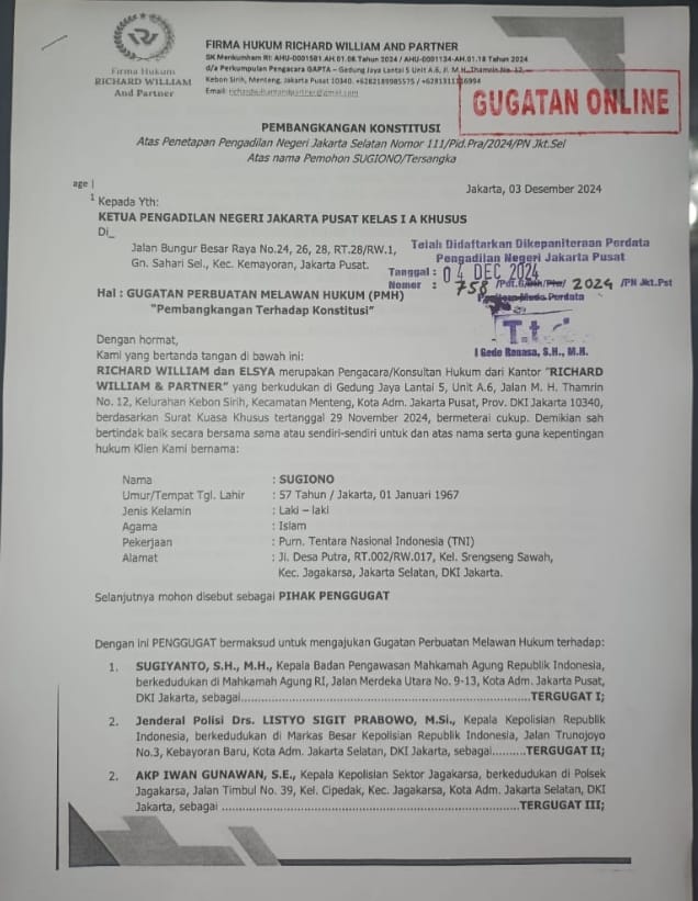 Diduga Melanggar Konstitusi, Kapolri dan Kabawas Mahkamah Agung Dituntut 1 Triliun