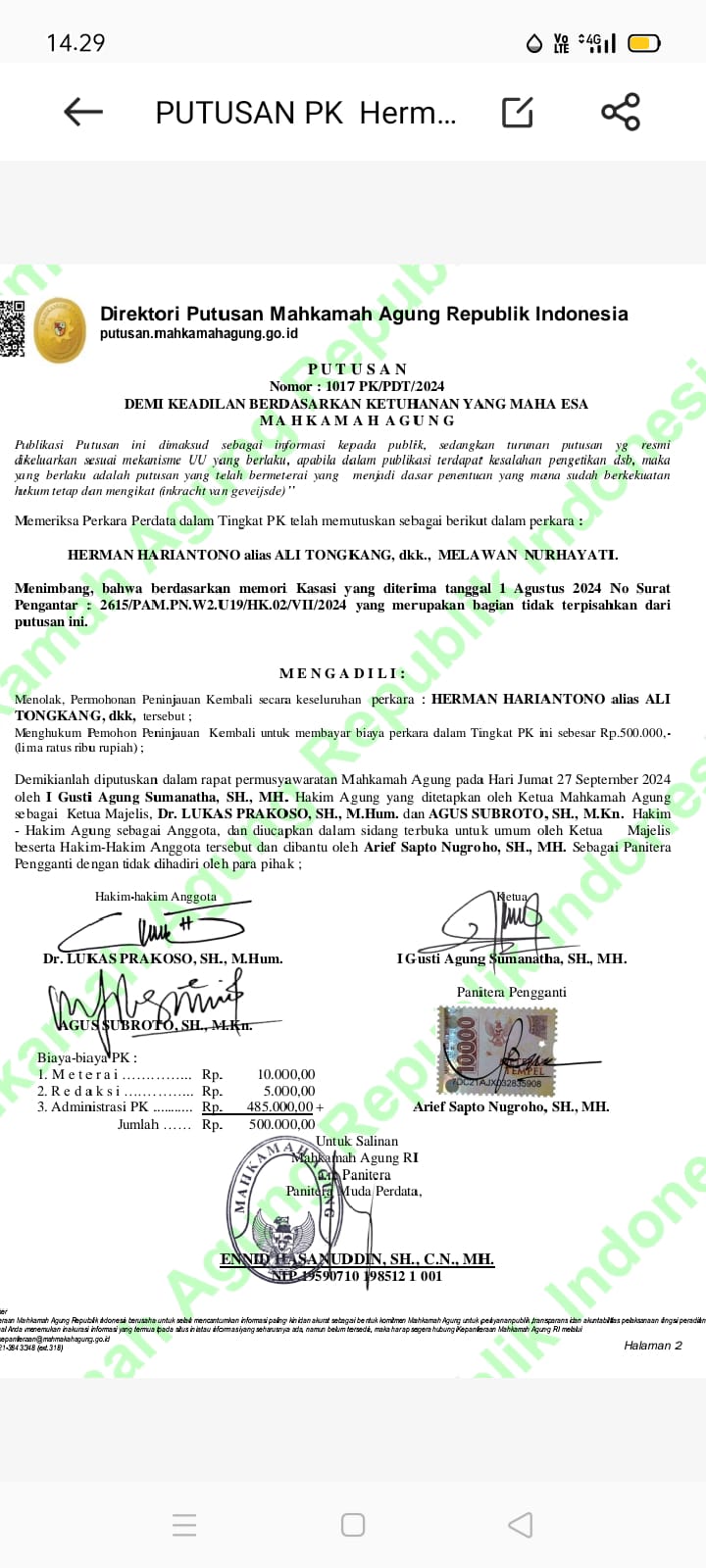 Putusan PK – Mahkamah Agung RI , no 1017 pk/Pdt/2024 tidak sesuai dengan PN Sei Rampah yang Berikan Salinan Resmi putusan PK Kepada Termohon Nurhayati