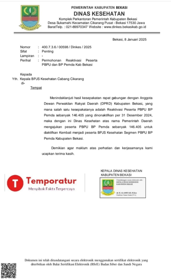 Dinkes Kabupaten Bekasi Meminta BPJS 146.405 Peserta Diaktifkan Kembali 1 Dinkes Kabupaten Bekasi Meminta BPJS 146.405 Peserta Diaktifkan Kembali (dokumentasi Temporatur.com)