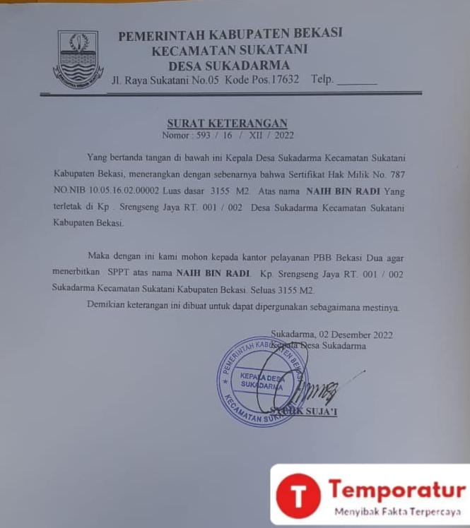 Surat Keterangan yang Ditandatangani Kades Sukadarma, Mengungkap Siapa Dalang Terjadinya Penjualan Lahan KUD