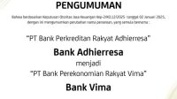 Perubahan Nama dan Logo PT Bank Perkreditan Rakyat Adhierresa menjadi PT Bank Perekonomian Rakyat Vima
