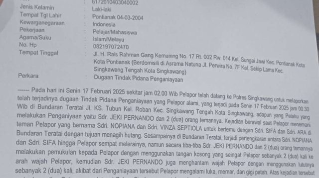 Alami Luka Lebam dan Gigi Rontok, Ripqi Korban Pengeroyokan di Singkawang Lapor ke Polisi