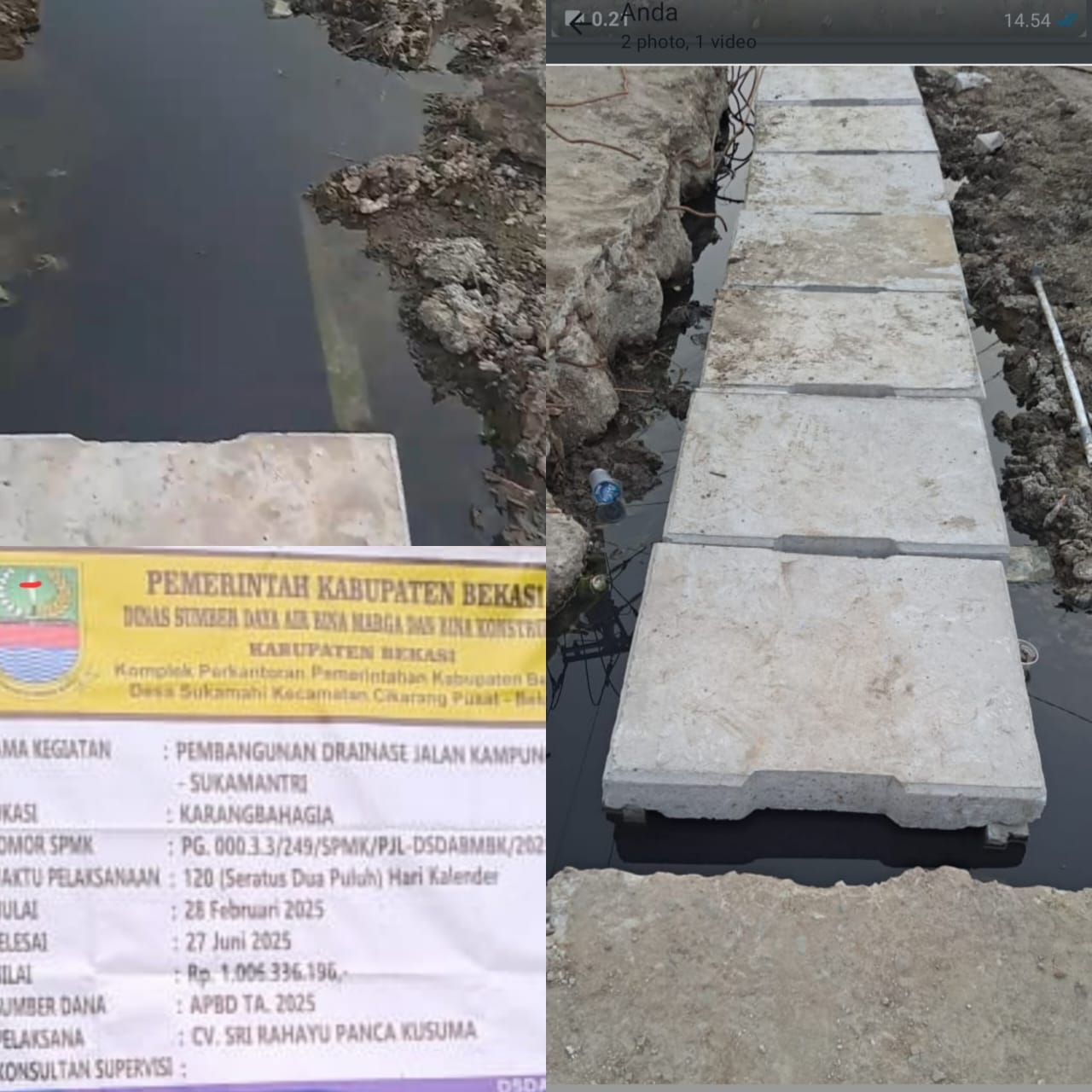 Pengerjaan U- ditch oleh CV Sri Rahayu Panca Kusuma di Jalan Raya Sukamantri Karangbahagia Amburadul