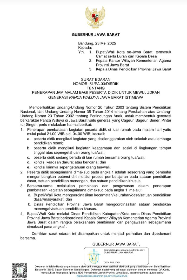 Gubernur Jawa Barat Terbitkan Surat Edaran Penerapan Jam Malam Bagi Peserta Didik