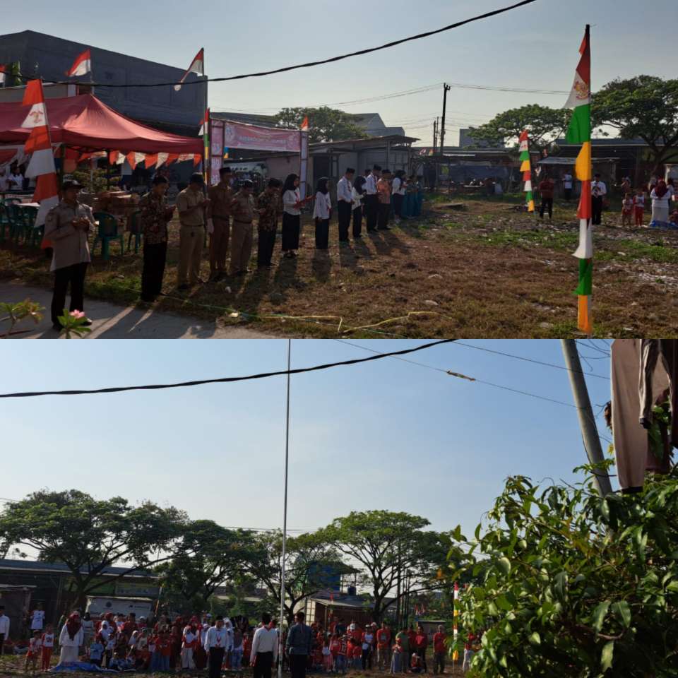 Keterangan foto: Warga Perumahan Blok B BKI Sukatani Melaksanakan Upacara HUT RI ke' 80 di Lapangan, Minggu 17/08/2025.