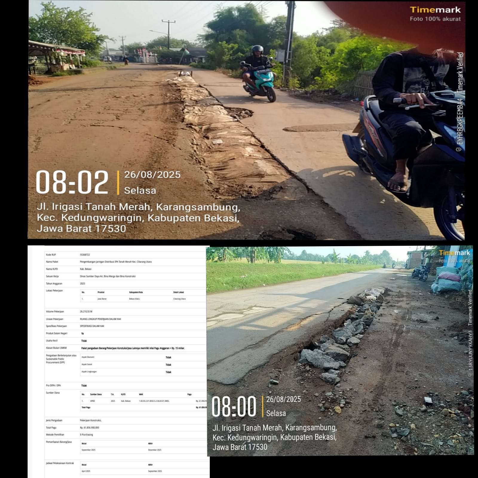 Proyek IPA (Instalasi Pengelolaan Air) Tanah Merah Rp61,8 Miliar Rusak Jalan & Tanpa Papan Informasi, Dinas SDA Bekasi Diduga Langgar Aturan