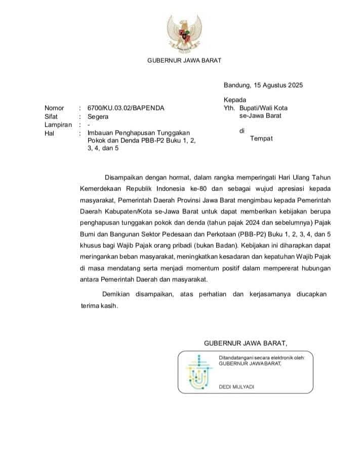 Gubernur KDM Keluarkan Surat Edaran Resmi Keseluruh Bupati dan Walikota di Jabar Penghapusan Pembayaran Pokok dan Denda PBB