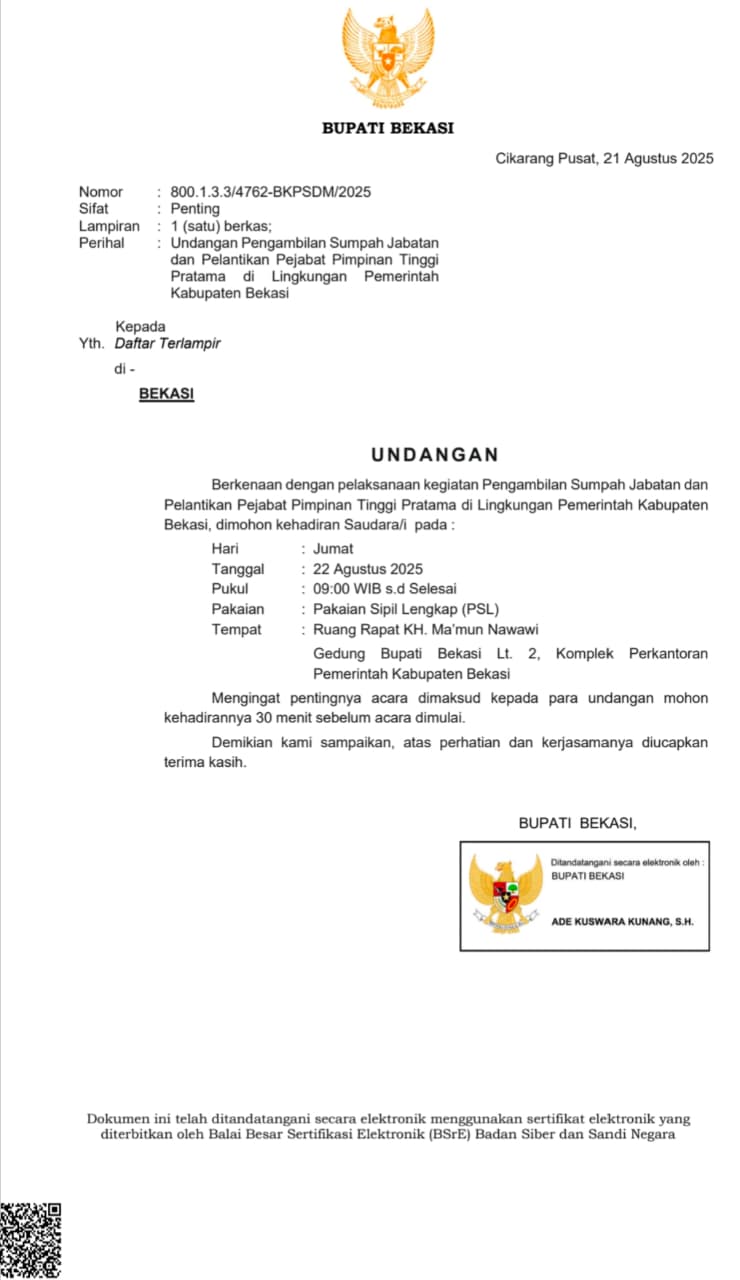 Beredar Undangan Rotasi Mutasi Pejabat Pemkab Bekasi Bupati akan Malantik Hari Ini