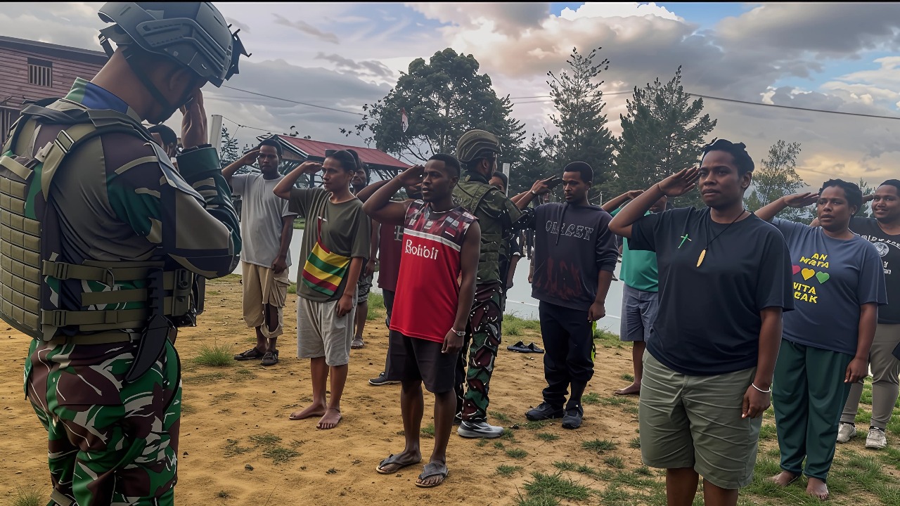 Disiplin Adalah Nafasku Satgas TNI Latih Pemuda Distrik PBB Pengenalan Sikap Dasar