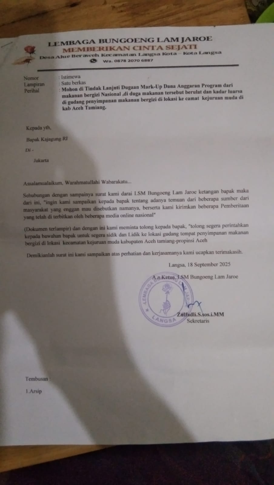 Dugaan Korupsi Makanan Bergizi di Aceh Tamiang: Kepala Dapur Makanan Bergizi Diduga Kebal Hukum?
