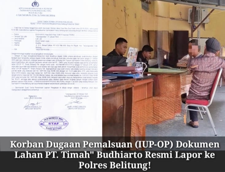 Korban Dugaan Pemalsuan (IUP-OP) Dokumen Lahan PT. Timah” Budhiarto Resmi Lapor ke Polres Belitung
