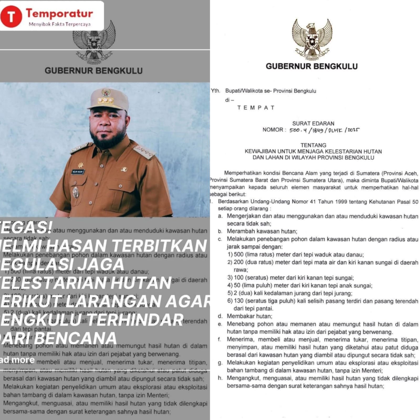 Gubernur Bengkulu Terbitkan Surat Edaran Terkait Larangan Aktivitas Merusak Hutan