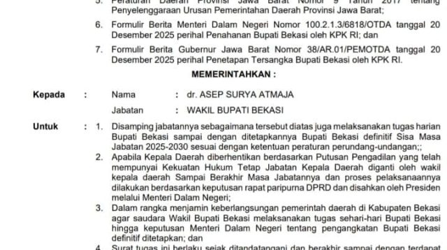 Gubernur Jabar Terbitkan Surat Perintah Plt Bupati Bekasi, Asep Surya Atmaja Resmi Gantikan Ade Kuswara Kunang