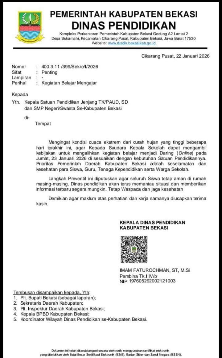Cuaca Ekstrem Mengancam, Disdik Kabupaten Bekasi Instruksikan Sekolah Belajar Daring