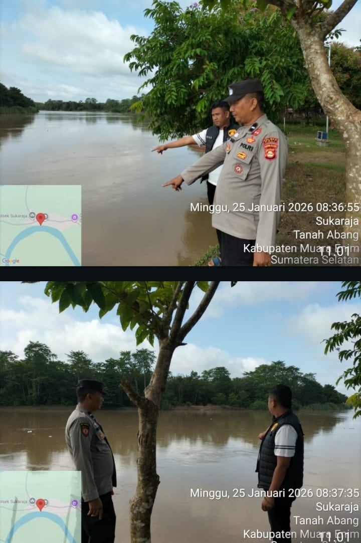 Polsek Tanah Abang Pantau Debit Sungai Lematang, Kapolres PALI Imbau Warga Tetap Waspada