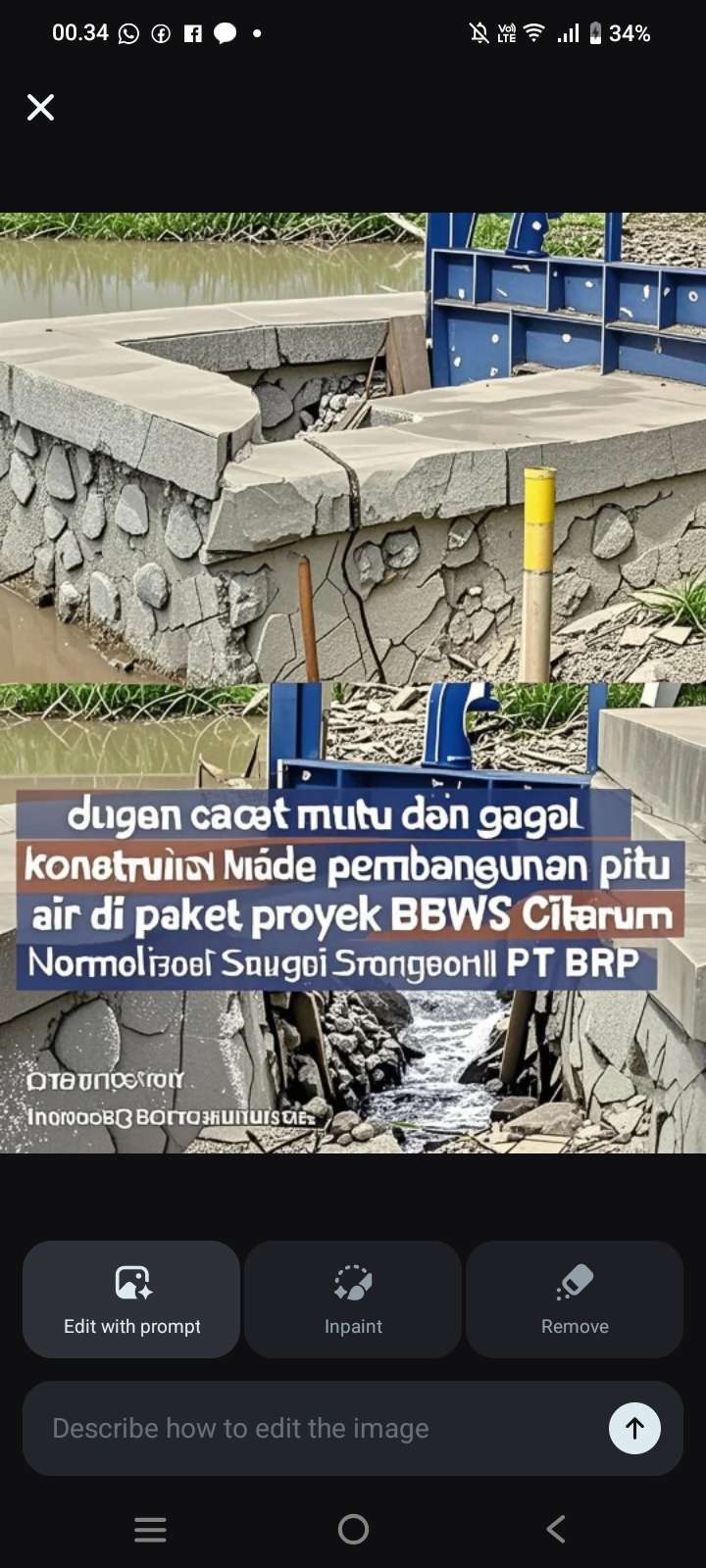 Keterangan foto : Pembuatan Pintu Air di Proyek Normalisa Sungai Srengseng BBWS Citarum oleh PT.BRP Senilai 47 Miliar di Sukatani Patah dalam Satu Bulan (Kamis, 5/2/2026).