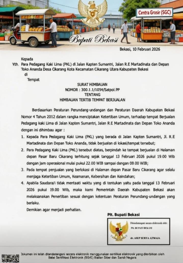 Tata Kawasan Cikarang Kota, Pemkab Bekasi Instruksikan PKL Pindah ke Halaman Pasar Baru Mulai 13 Februari