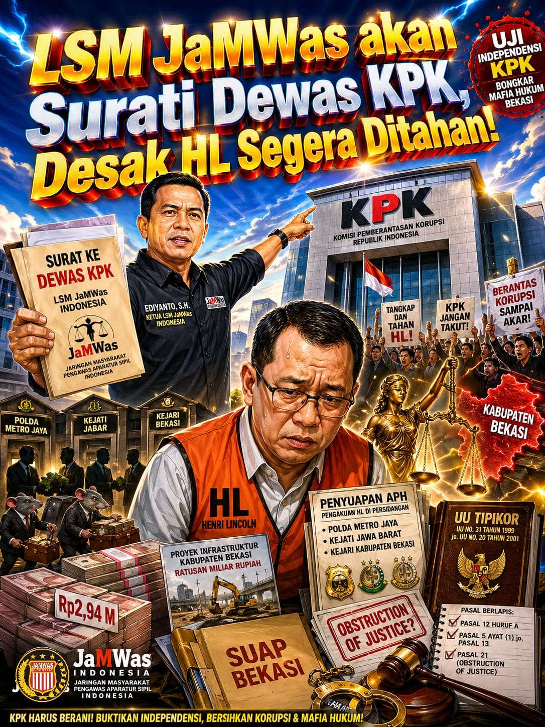 LSM JaMWas akan Surati Dewas KPK untuk Segera Menahan HL pada Kasus Suap Bekasi