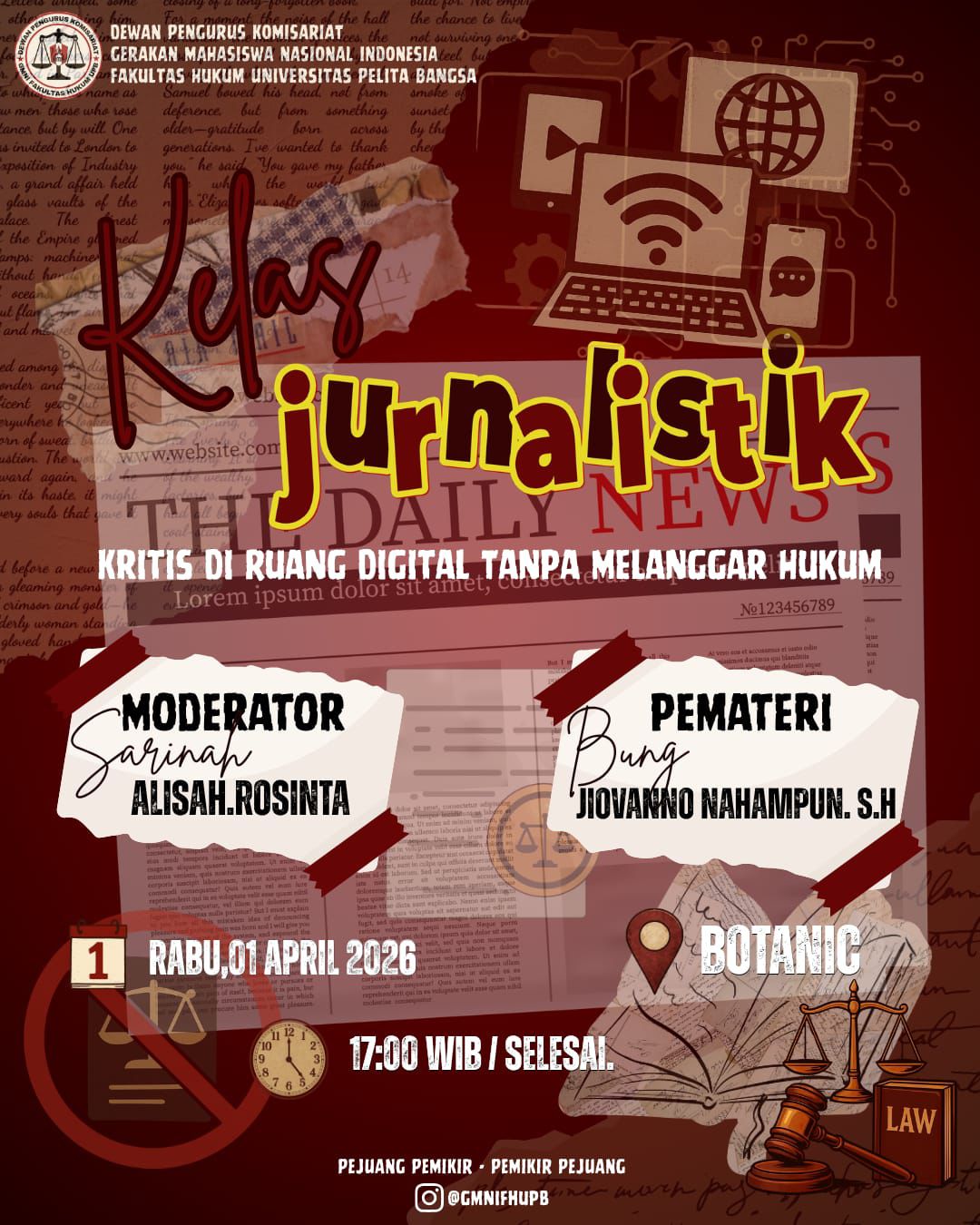 Cetak Generasi Kritis yang Taat Hukum, GMNI Hukum UPB Gelar Pelatihan Jurnalistik di Botanic Jababeka