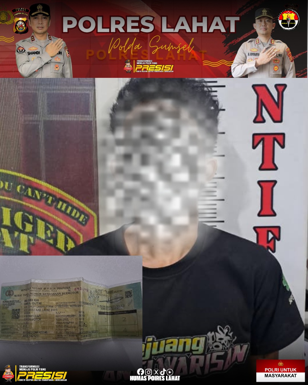 Polres Lahat Tangkap Pelaku Curanmor di Simpang 4 Kodim,Satu Unit Motor Diamankan