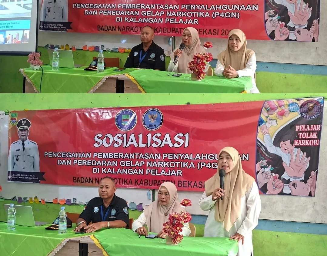Antisipasi Ancaman Narkoba, BNK Kabupaten Bekasi Gelar Sosialisasi P4GN dan Tes Urine di SMPN 01 Cikarang Barat