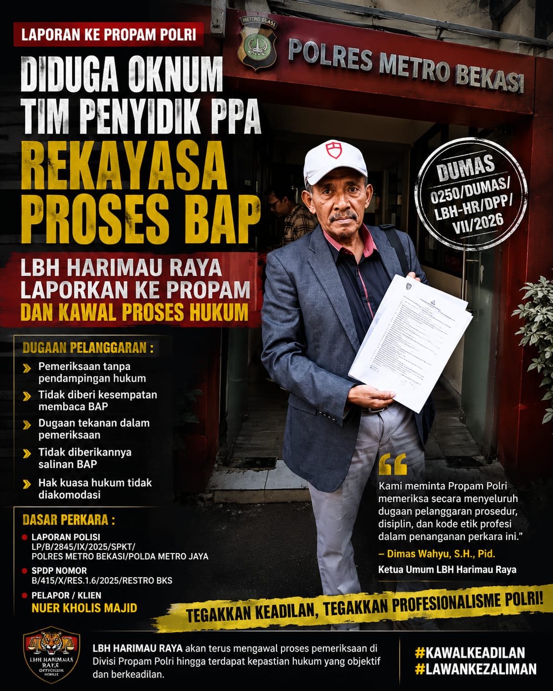 Diduga Rekayasa BAP, LBH Harimau Raya Laporkan Penyidik Polres Metro Bekasi ke Propam