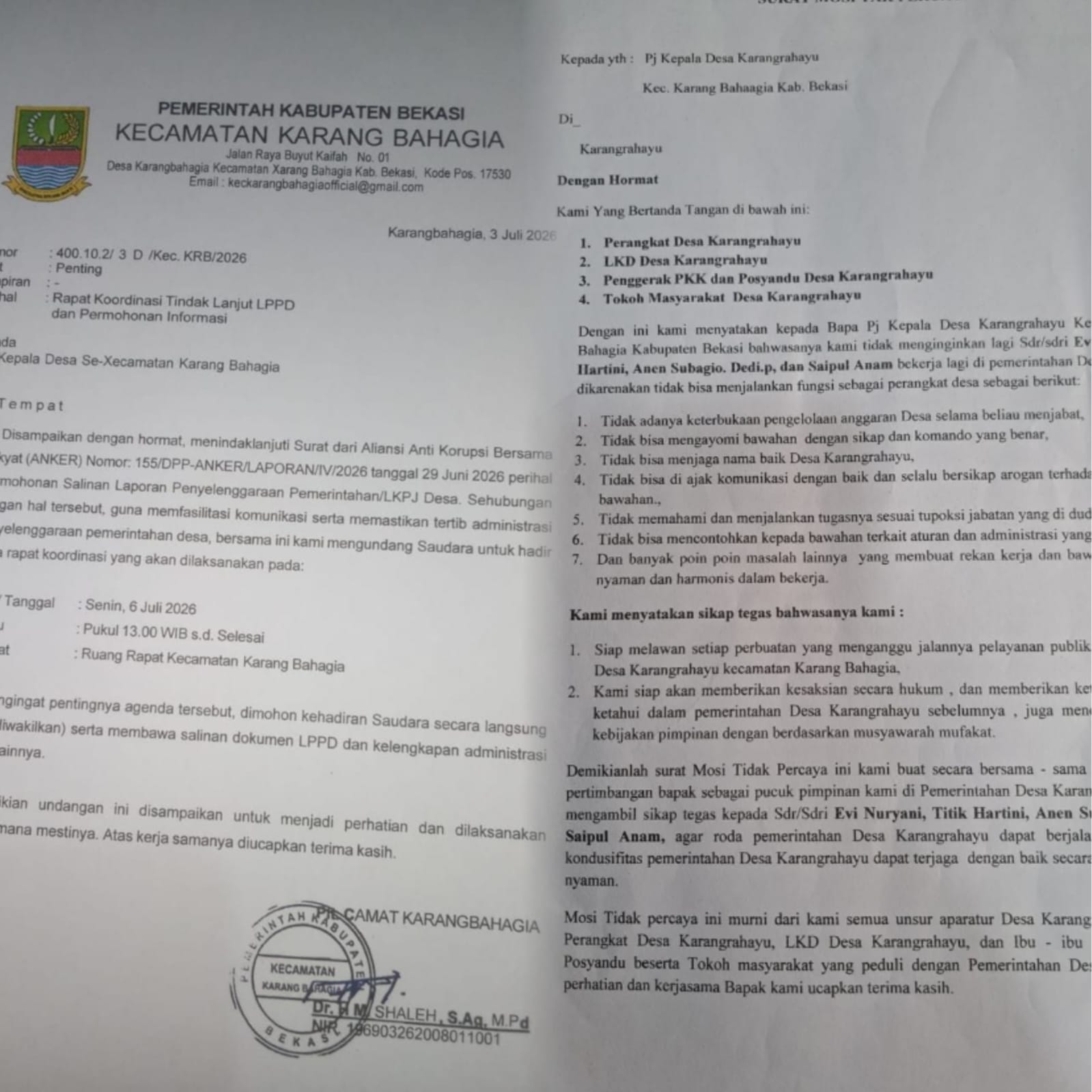 Pj Kades Karangrahayu Ungkap Alasan Pemberhentian 5 Aparatur Desa 1 Keterangan foto : Dok.Temporatur.com