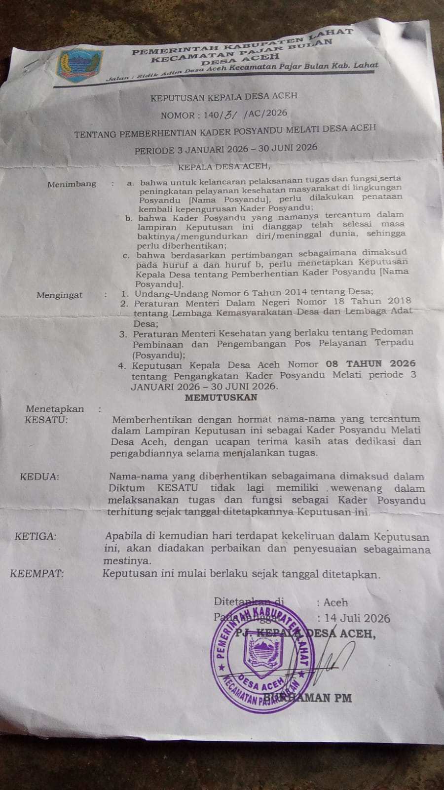 SK Dipertanyakan, Pjs Kades Aceh Berhentikan 10 Kader Posyandu dan Lembaga Desa Tanpa Titik Terang 1 SK Dipertanyakan, Pjs Kades Aceh Berhentikan 10 Kader Posyandu dan Lembaga Desa Tanpa Titik Terang