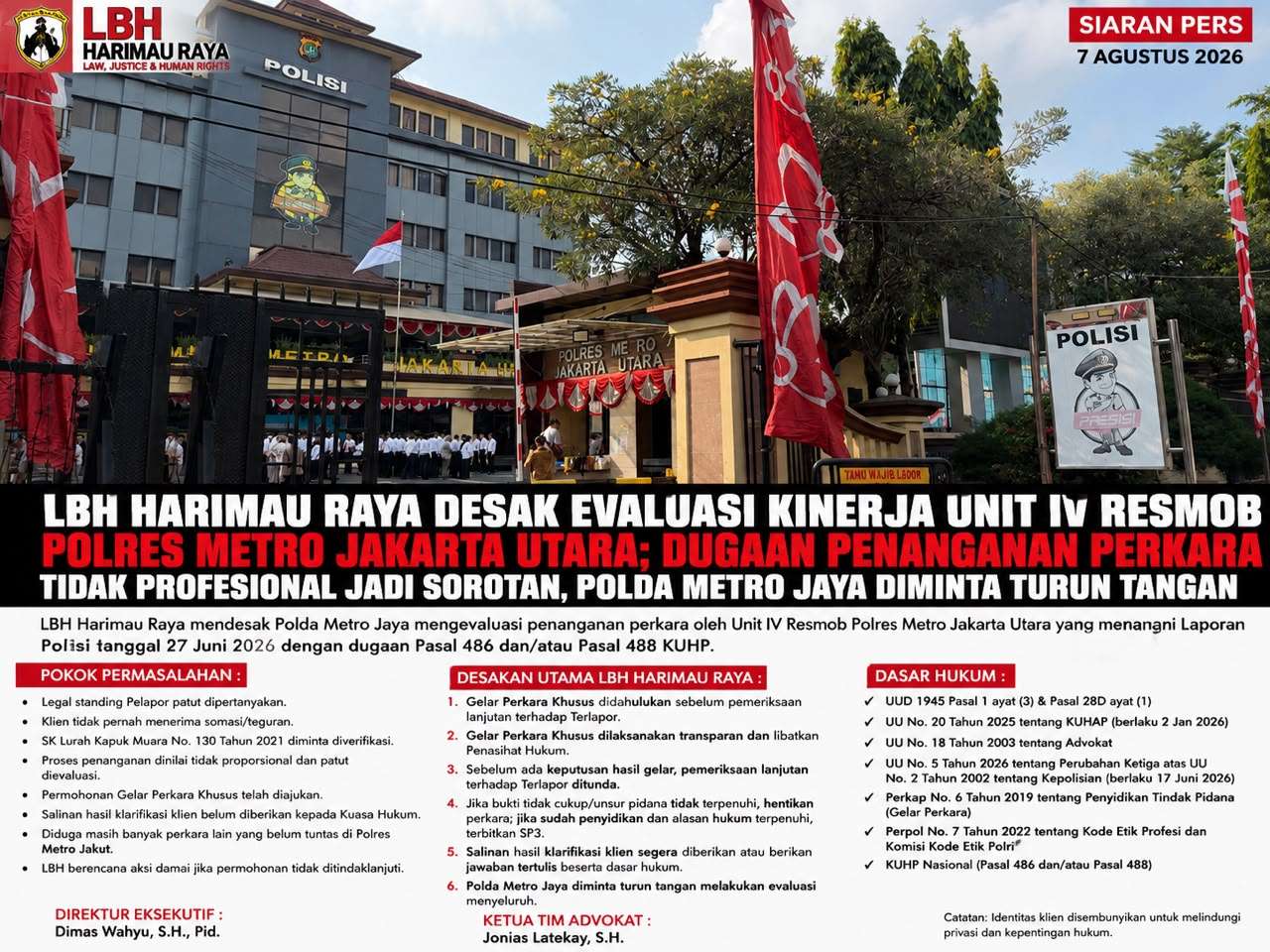 Kritik Kinerja Resmob Polres Jakut, LBH Harimau Raya Minta Polda Metro Turun Tangan