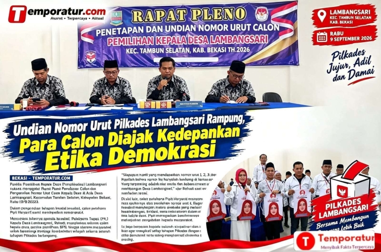 Keterangan foto : Panitia Pemilihan Kepala Desa (Panpilkades) Lambangsari sukses menggelar Rapat Pleno Penetapan Calon dan Pengundian Nomor Urut Calon Kepala Desa di Aula Desa Lambangsari, Kecamatan Tambun Selatan, Kabupaten Bekasi, Rabu (9/9/2026) (ft.ilustrasi)
