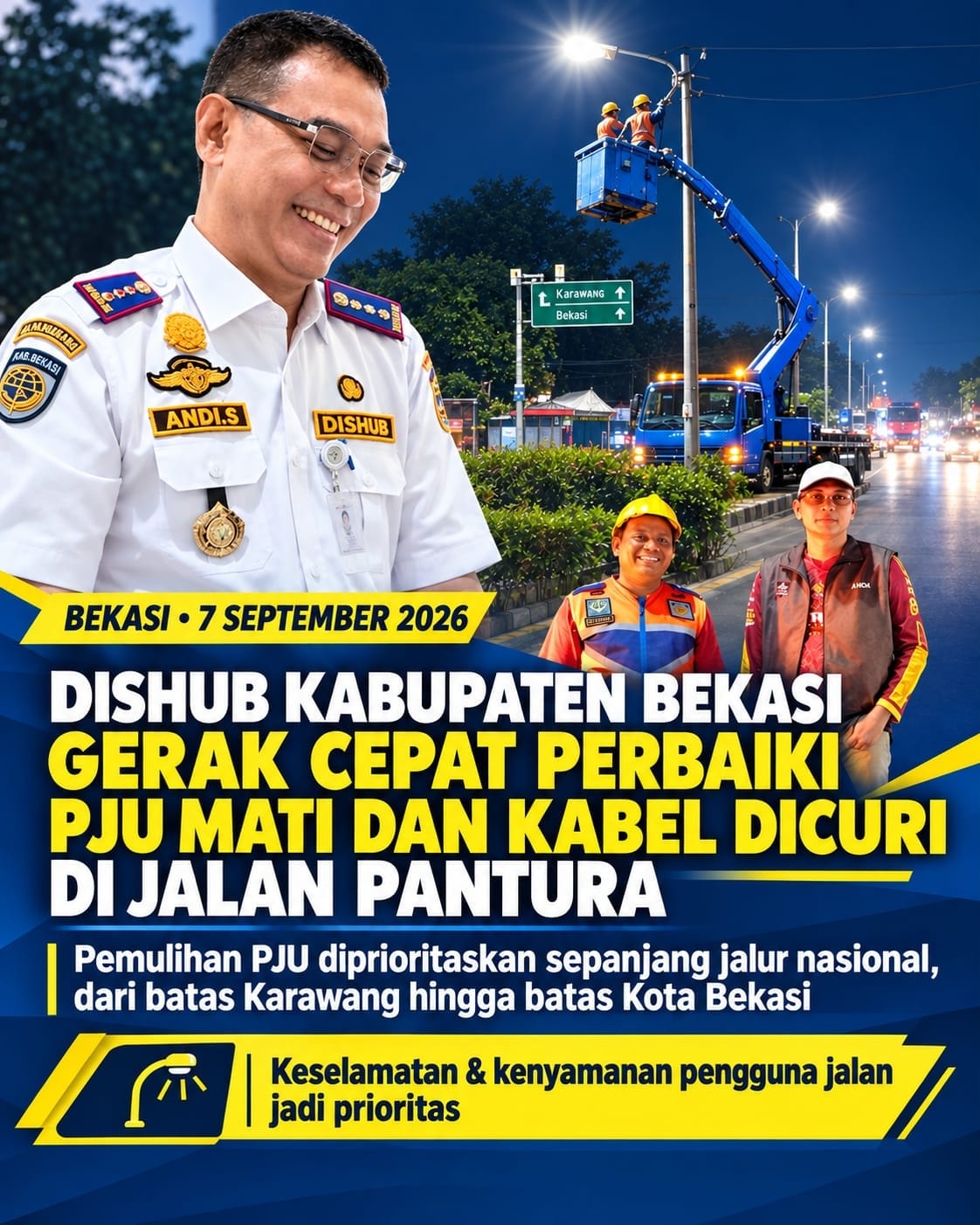 Keterangan foto : Dishub Kabupaten Bekasi Gerak Cepat Perbaiki PJU Mati dan Kabel Dicuri di Jalan Pantura (Dok.Temporatur.com)