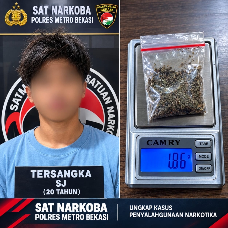 Keterangan foto : Satuan Reserse Narkoba Polres Metro Bekasi melakukan penindakan terhadap seorang pemuda berinisial SJ (20) yang diduga melakukan penyalahgunaan narkotika jenis sinte di wilayah Desa Wangunharja, Kecamatan Cikarang Utara, Kabupaten Bekasi.