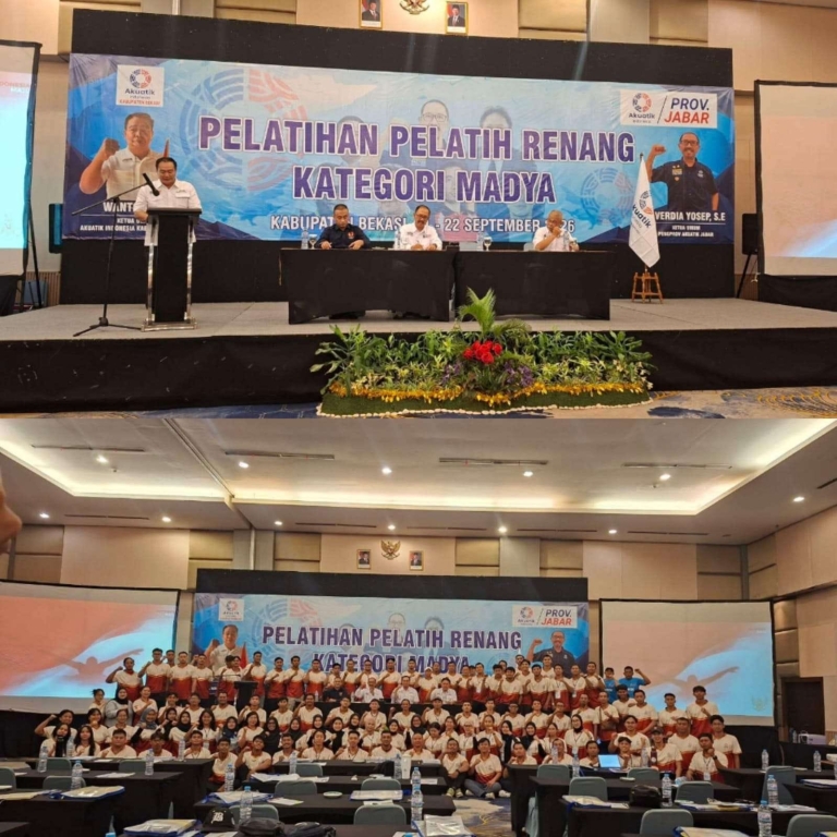 Keterangan foto : Sebanyak 100 peserta mengikuti Pelatihan Pelatih Renang Kategori Madya atau Lisensi C yang digelar Akuatik Indonesia Kabupaten Bekasi di Prembiz, Cikarang, Senin (21/9/2026).