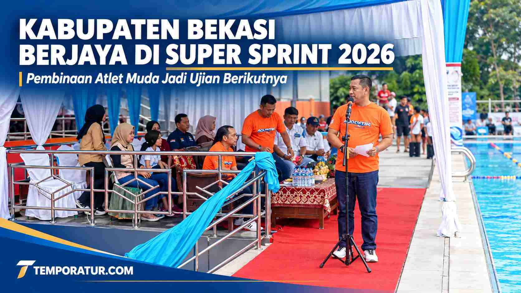 Plt Bupati Bekasi dr. Asep Surya Atmaja menghadiri Kejuaraan Renang Antar Pelajar dan Perkumpulan Swimming Super Sprint Piala Bupati Bekasi 2026 di Stadion Wibawa Mukti Cikarang Utara, Minggu 11/10/2026