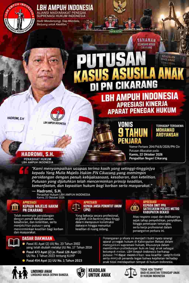 Keterangan foto : Putusan Kasus Asusila Anak di PN Cikarang: LBH Ampuh Indonesia Apresiasi Kinerja APH