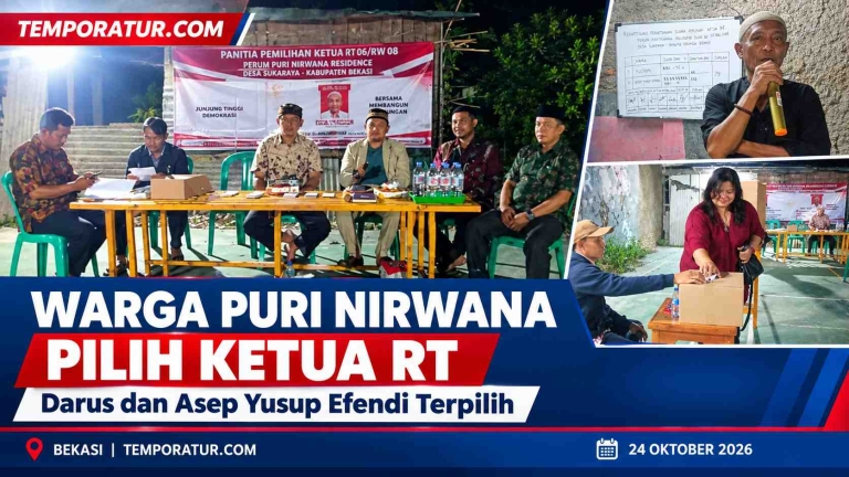 Keterangan foto : Warga Perumahan Puri Nirwana Residence, Desa Sukaraya, Kabupaten Bekasi, menggelar pemilihan Ketua Rukun Tetangga (RT) pada Sabtu malam (24/10/2026). Pemilihan berlangsung di dua wilayah, yakni RT 06/RW 08 dan RT 04/RW 08