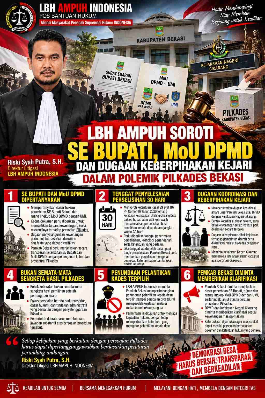 Keterangan foto : LBH AMPUH Soroti SE Bupati, MoU DPMD dan Dugaan Keberpihakan Kejari dalam Polemik Pilkades Bekasi
