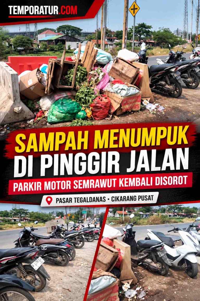 Keterangan foto: Sampah Menumpuk di Pinggir Jalan Pasar Tegaldanas, Parkir Motor dan mobil kembali Semrawut