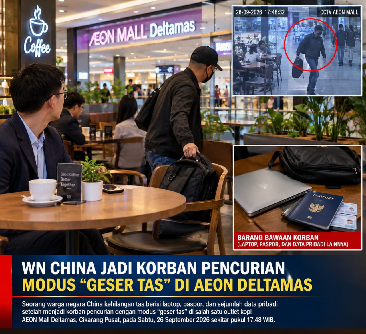 Keterangan foto : Tas WN China Dicuri Saat Pertemuan Bisnis di AEON Mall Deltamas